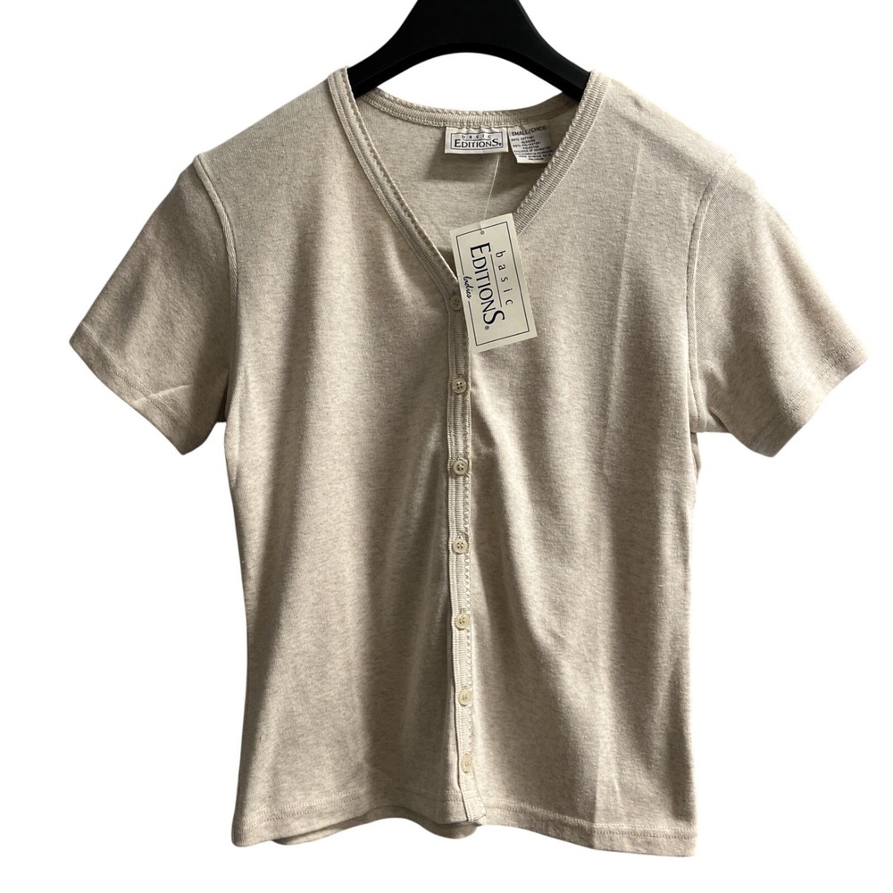 Vintage Y2K Top Womens S Oatmeal Ribbed Tan Button Front V Neck Fitted Preppy